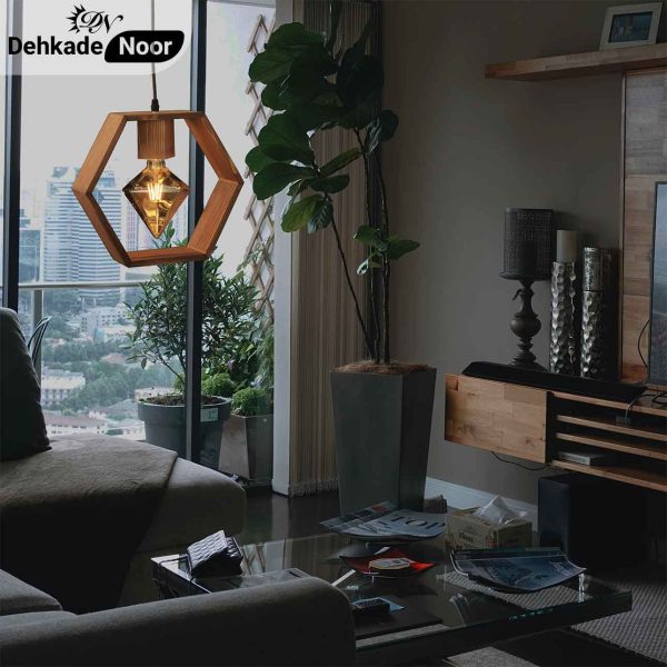 چراغ آویز شش ضلعی چوب - Image 3
