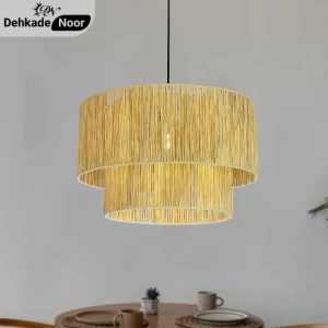 چراغ آویز بافت استوانه 2 طبقه جدید کرم طرح حصیر