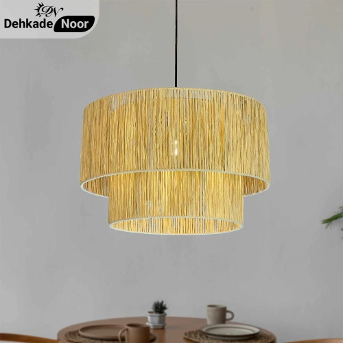 چراغ آویز بافت استوانه 2 طبقه جدید کرم طرح حصیر