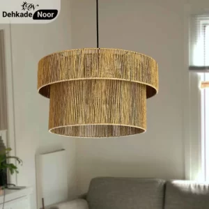 چراغ آویز بافت استوانه 2 طبقه نسکافه ای طرح حصیر