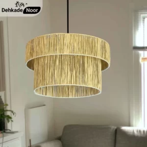 چراغ آویز بافت استوانه 2 طبقه کرم طرح حصیر