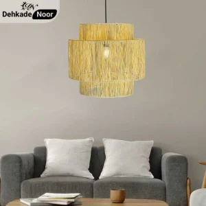 چراغ آویز بافت استوانه 3 طبقه کرم طرح حصیر