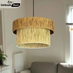 چراغ آویز بافت استوانه 2 طبقه ترکیبی کرم نسکافه ای طرح حصیر